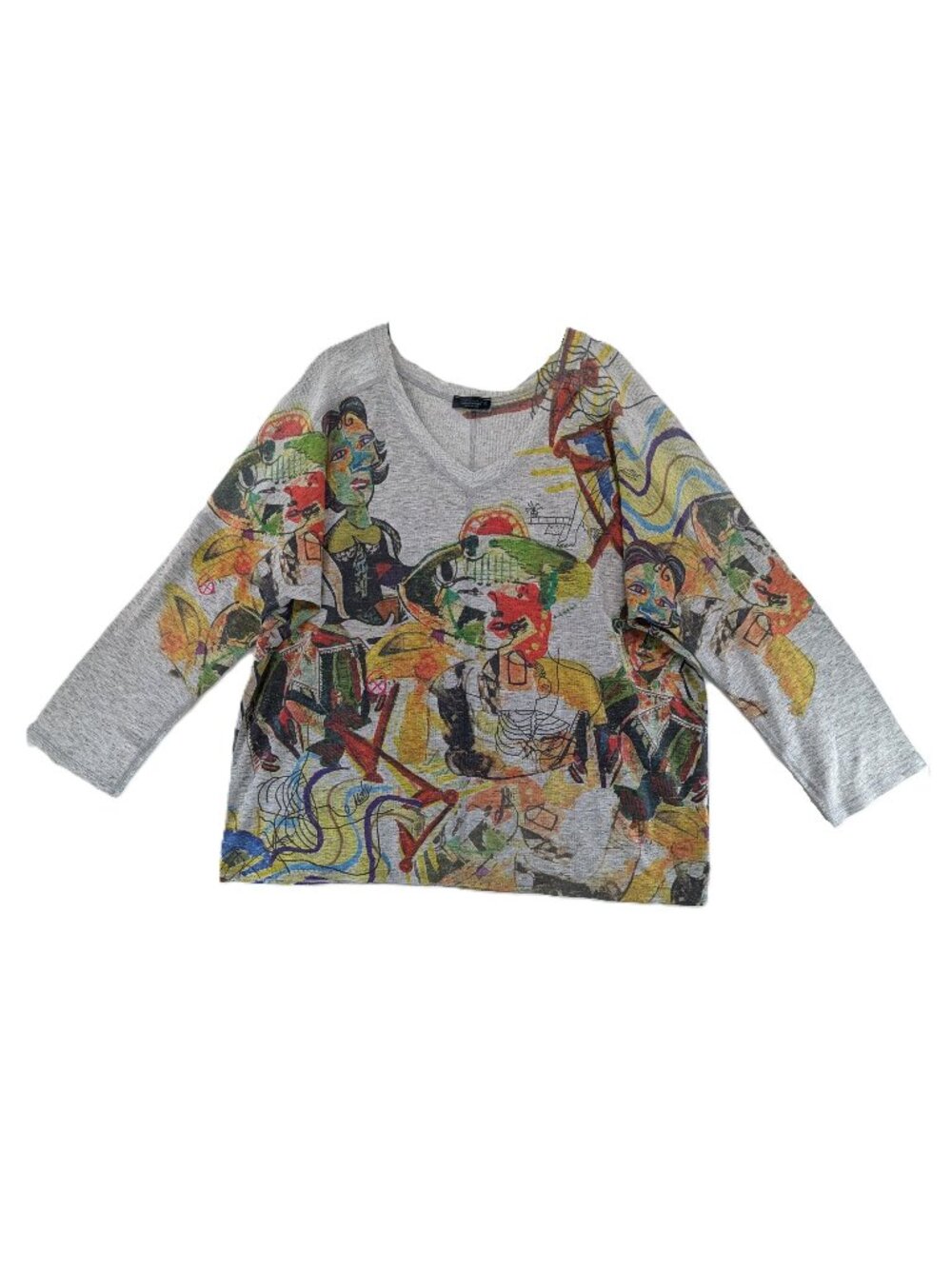 Inoah Top Womens Size Large Artsy Boho Knit 3/4 Sleeves Pullover Picasso VTG USA